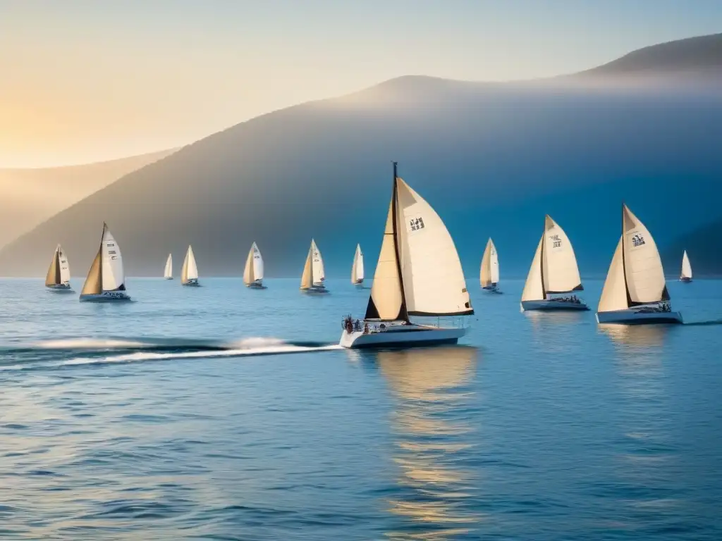 Un grupo de veleros participativos navegando en aguas tranquilas al atardecer, transmitiendo calma y serenidad