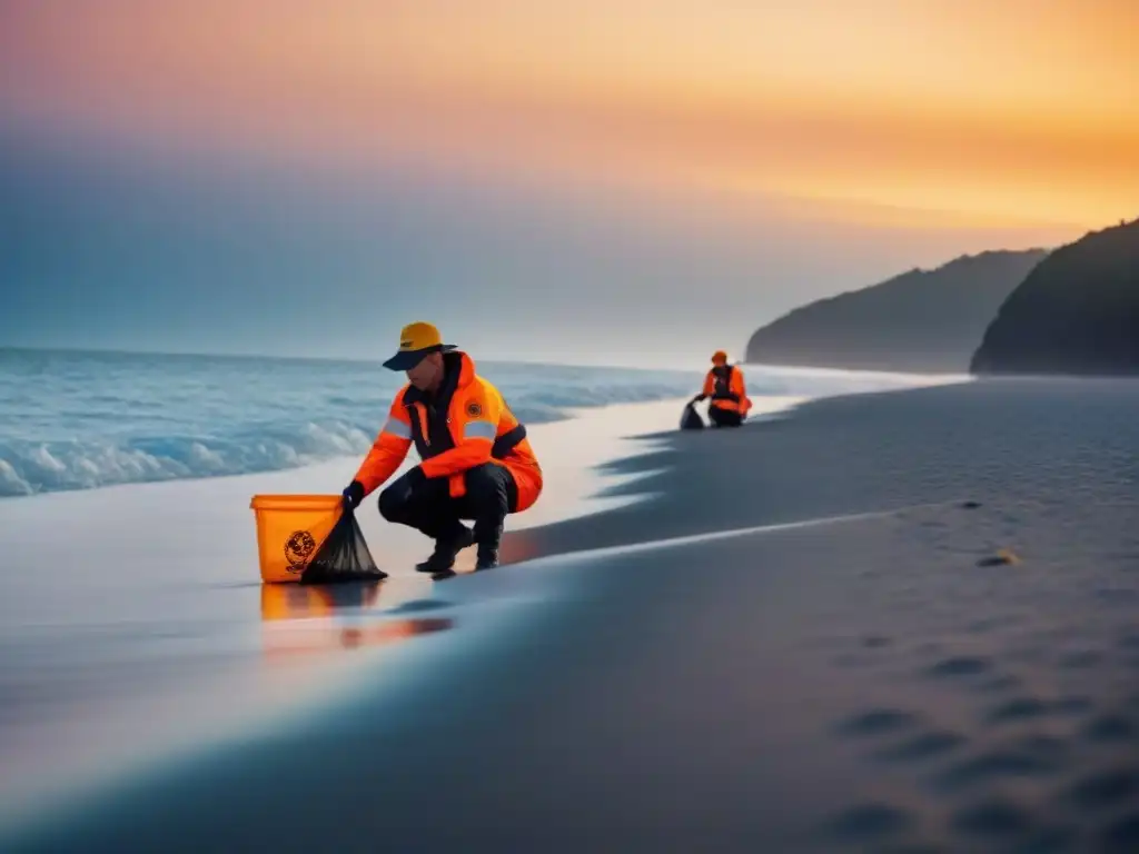 Un grupo de voluntarios recoge basura en una playa al atardecer, reflejando el compromiso de los cruceros con programas de voluntariado