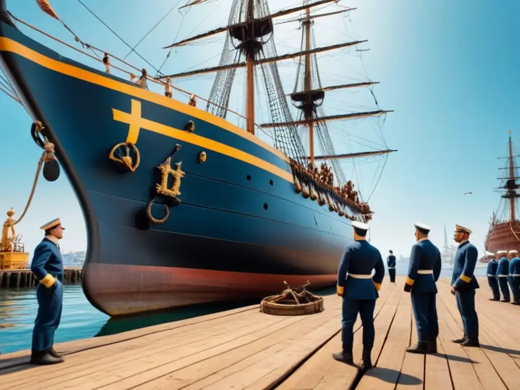 Un grupo de voluntarios diversos restaurando un barco antiguo en un astillero, bajo un cielo azul, evocando conservación y aventura