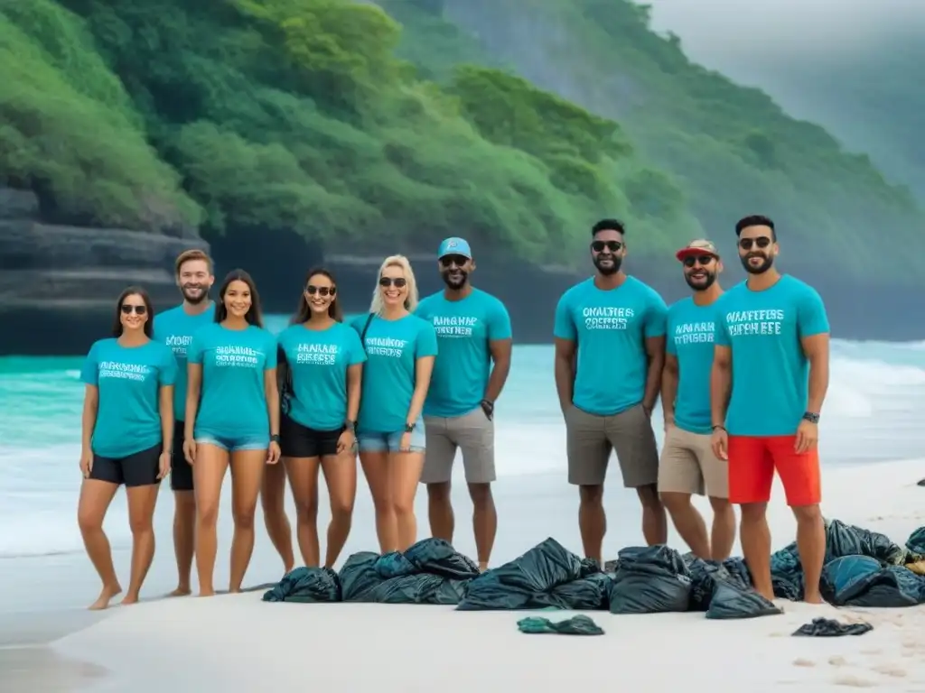 Grupo de voluntarios en una playa recogiendo residuos plásticos