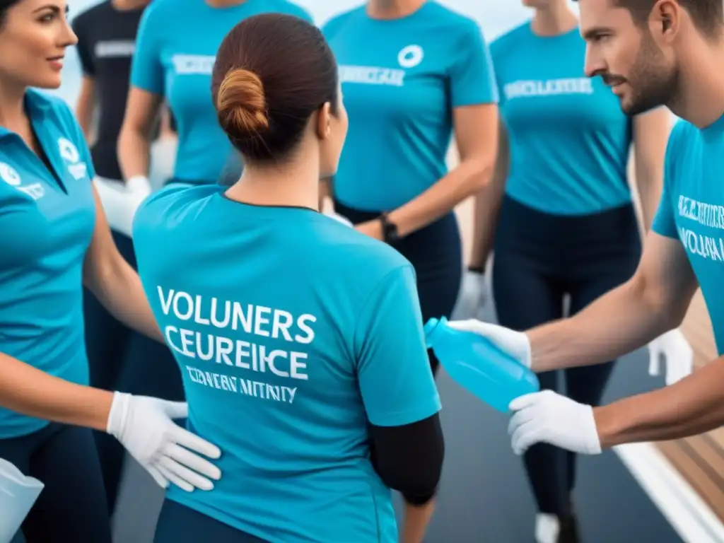 Un grupo de voluntarios unidos en la cubierta de un crucero, limpiando la playa juntos