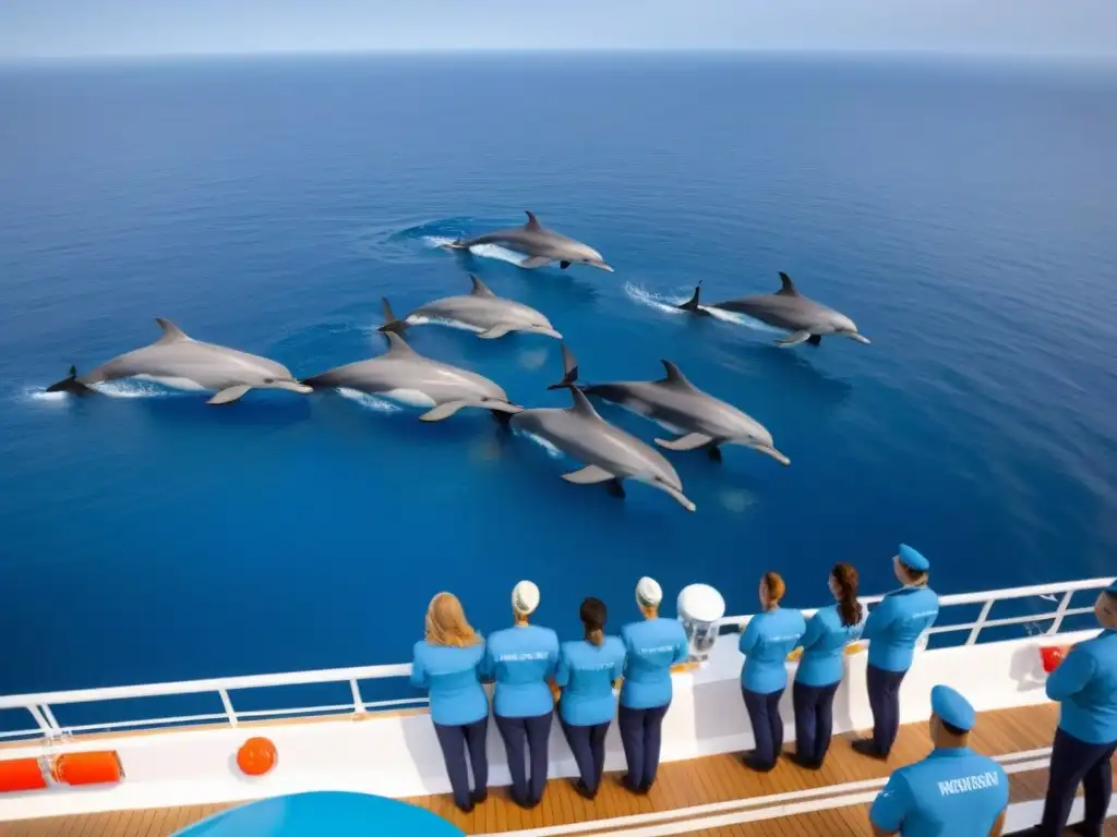 Un grupo de voluntarios en uniformes azules en un crucero ecológico, limpiando el océano y conviviendo con delfines