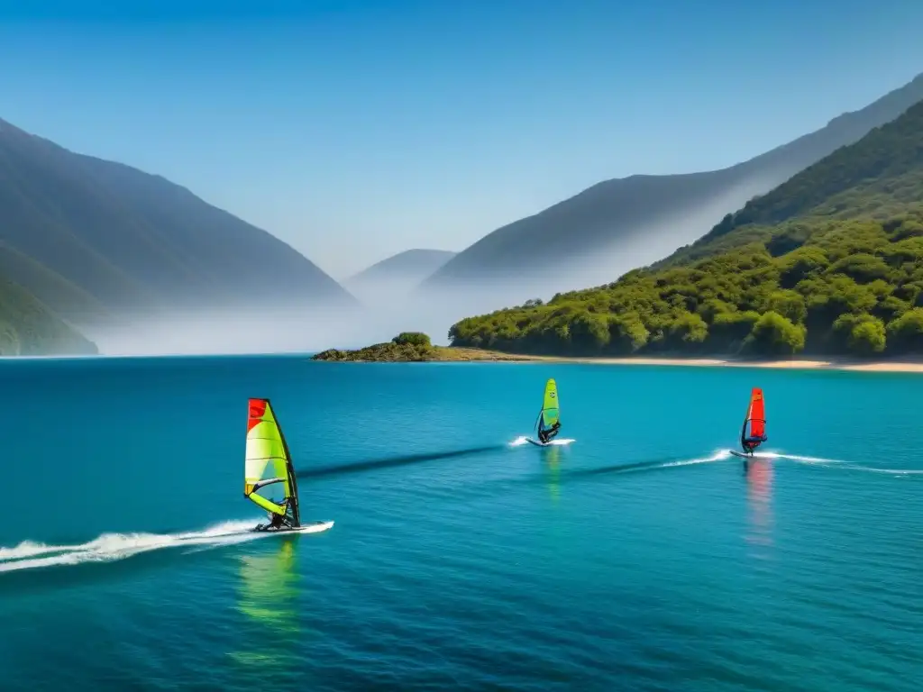 Un grupo de windsurfistas disfruta de deportes de viento ecológicos en aguas cristalinas con montañas verdes al fondo y cielo azul