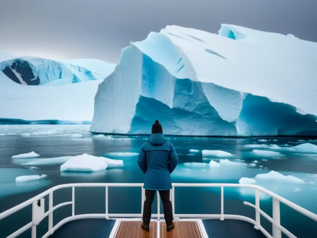 Un guía en crucero polar señalando un iceberg en un paisaje ártico helado