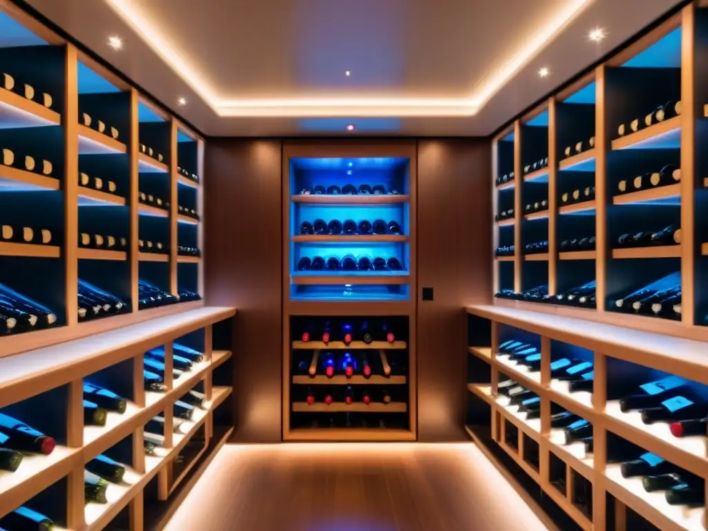 Guía vinos mundo mar alta: Bodega elegante en yate, con botellas de vino ordenadas en estantes minimalistas, iluminada suavemente