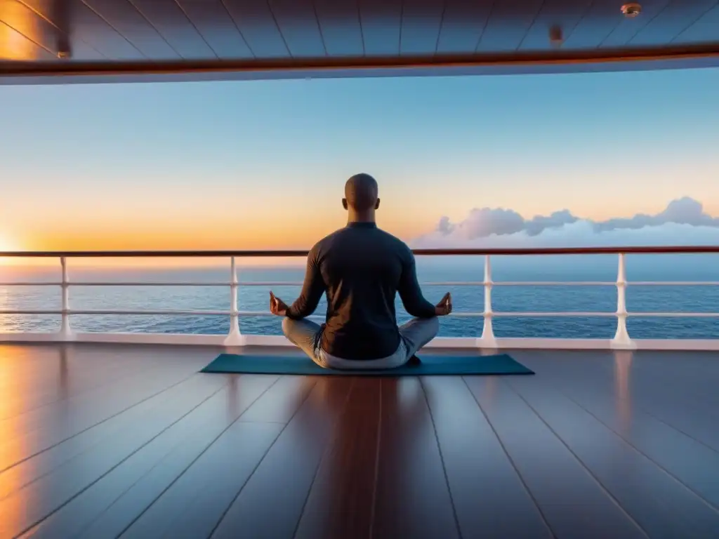 Meditación guiada en cruceros: Persona meditando al amanecer en cubierta, rodeada de calma y serenidad oceánica