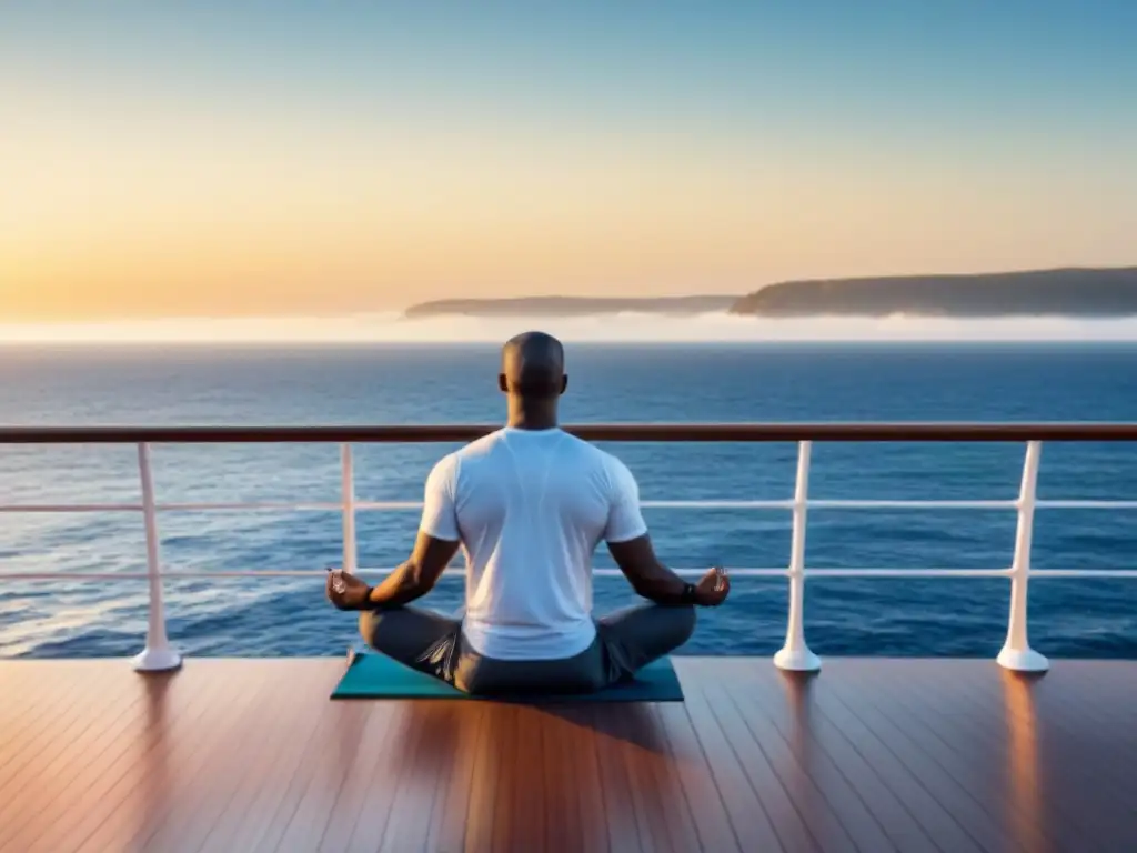 Meditación guiada en cruceros: Persona meditando al amanecer en cubierta, con mar calmo y sol brillante en el horizonte