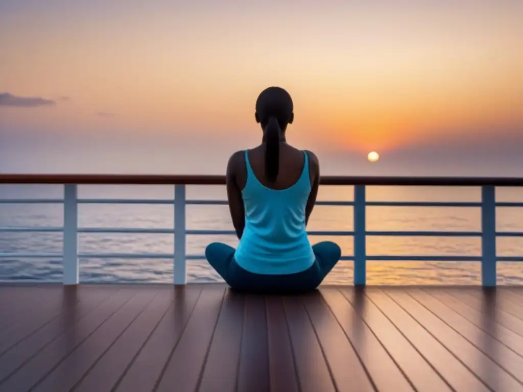 Meditación guiada en crucuceros: persona meditando al atardecer en cubierta, creando atmósfera de paz y armonía en el mar