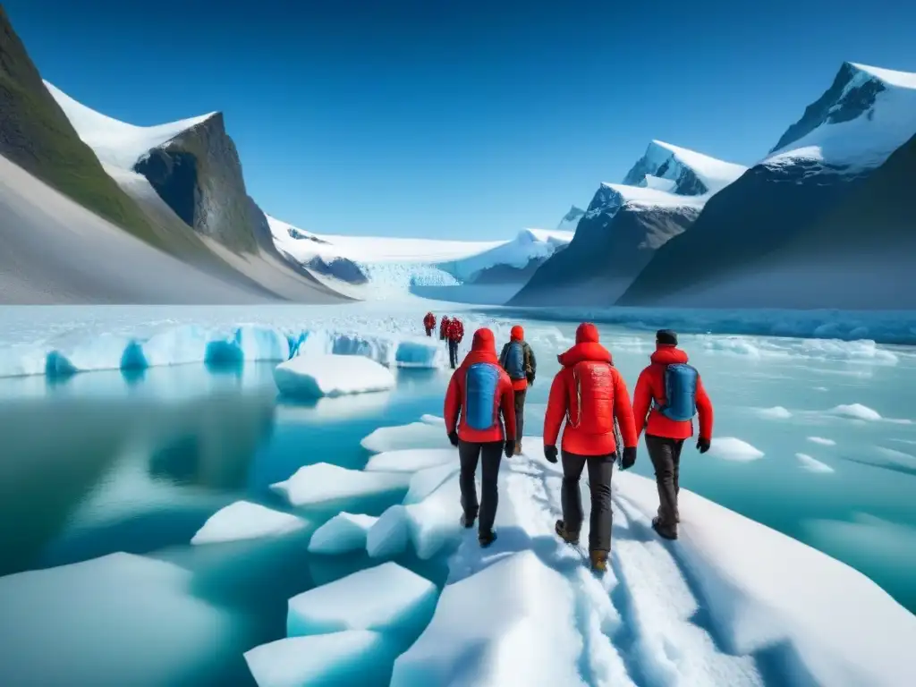 Guías en crucero polar liderando turistas en paisaje nevado con glaciar de fondo, demostrando conocimiento y liderazgo