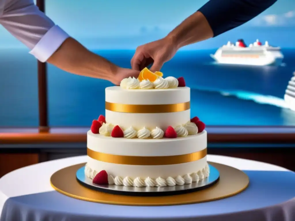 Maestro pastelero en crucero: arte en alta mar Un hábil chef de repostería decorando un elegante pastel de bodas en un crucero de lujo, con el mar brillante de fondo