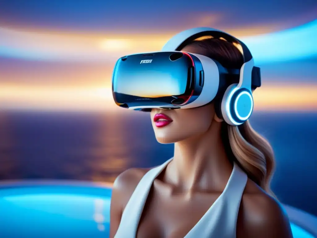 Un headset de realidad virtual reflejando un crucero de lujo en un mar estrellado