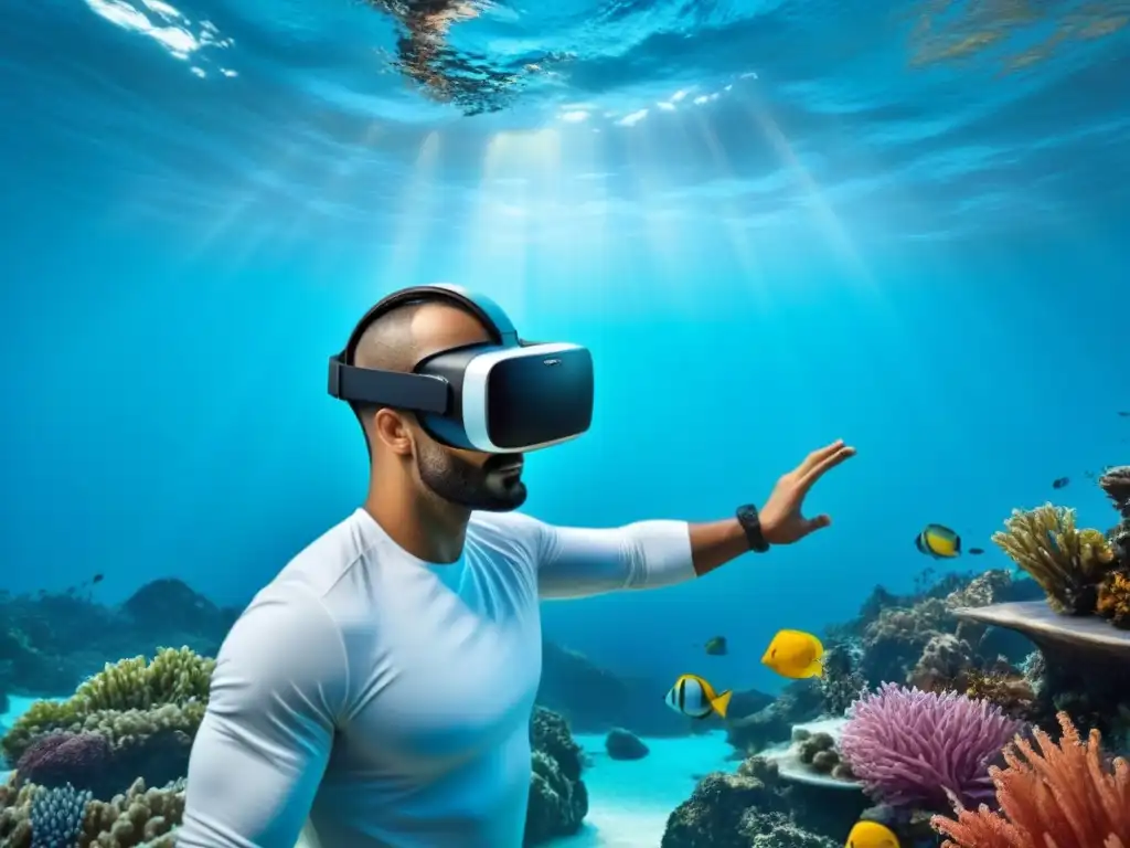 Un headset de realidad virtual futurista flota sobre un escenario submarino colorido, fusionando tecnología y naturaleza