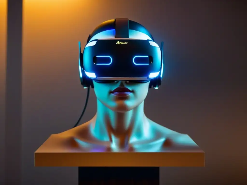 Un headset de realidad virtual moderno iluminado en una habitación tenue