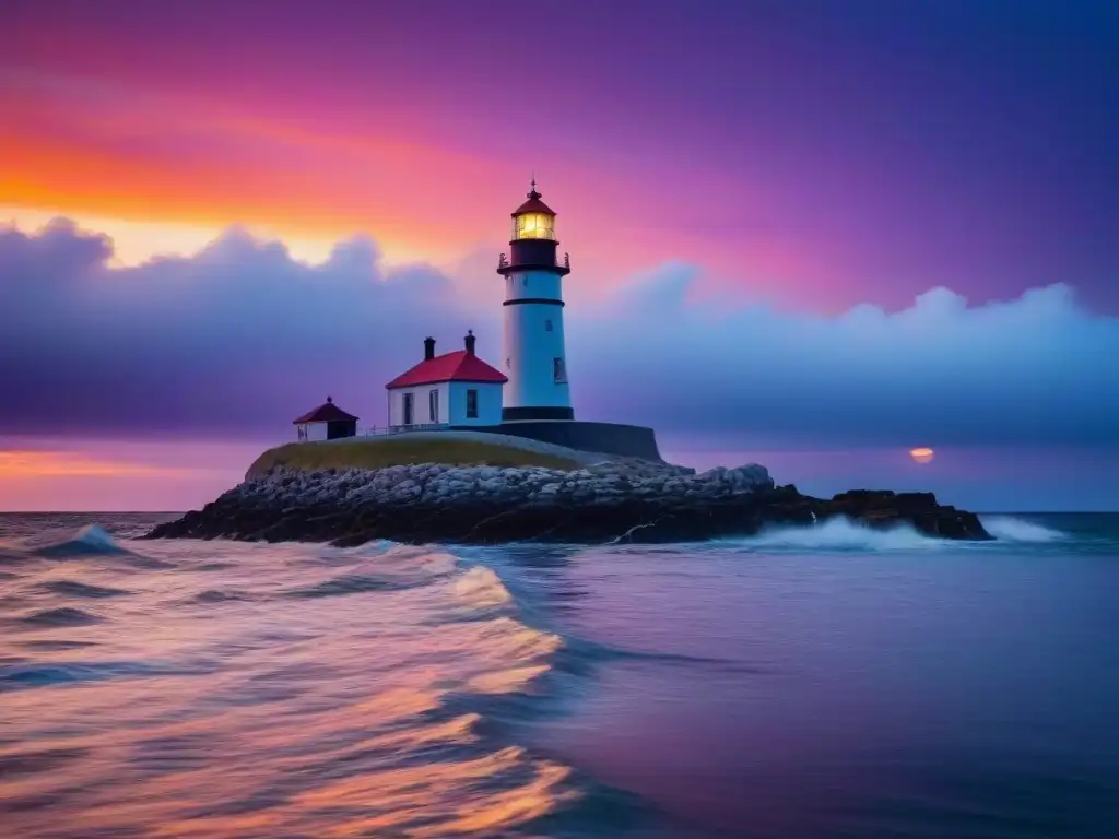 Herencia marítima local aventuras: Faro histórico sobresale en atardecer dramático sobre el mar tranquilo, cielo colorido