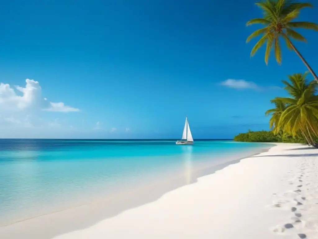 Hermosa playa de arena blanca en el Caribe con palmeras verdes, aguas turquesas y velero