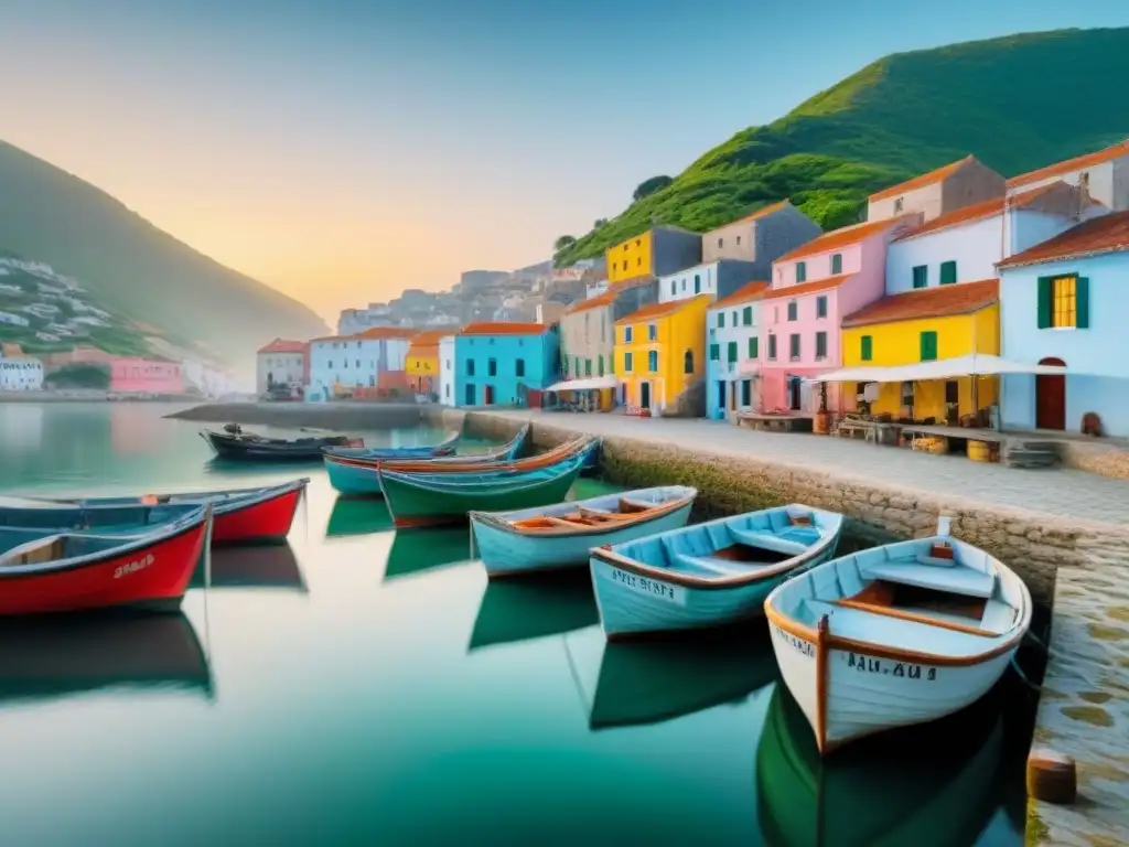 Hermoso pueblo costero al amanecer, con barcos pesqueros coloridos en un puerto tranquilo y edificios de piedra reflejando la suave luz