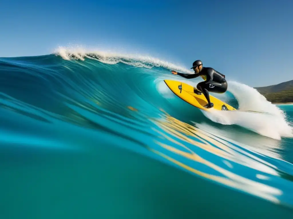 Un hidroala surfeando en aguas turquesas al atardecer