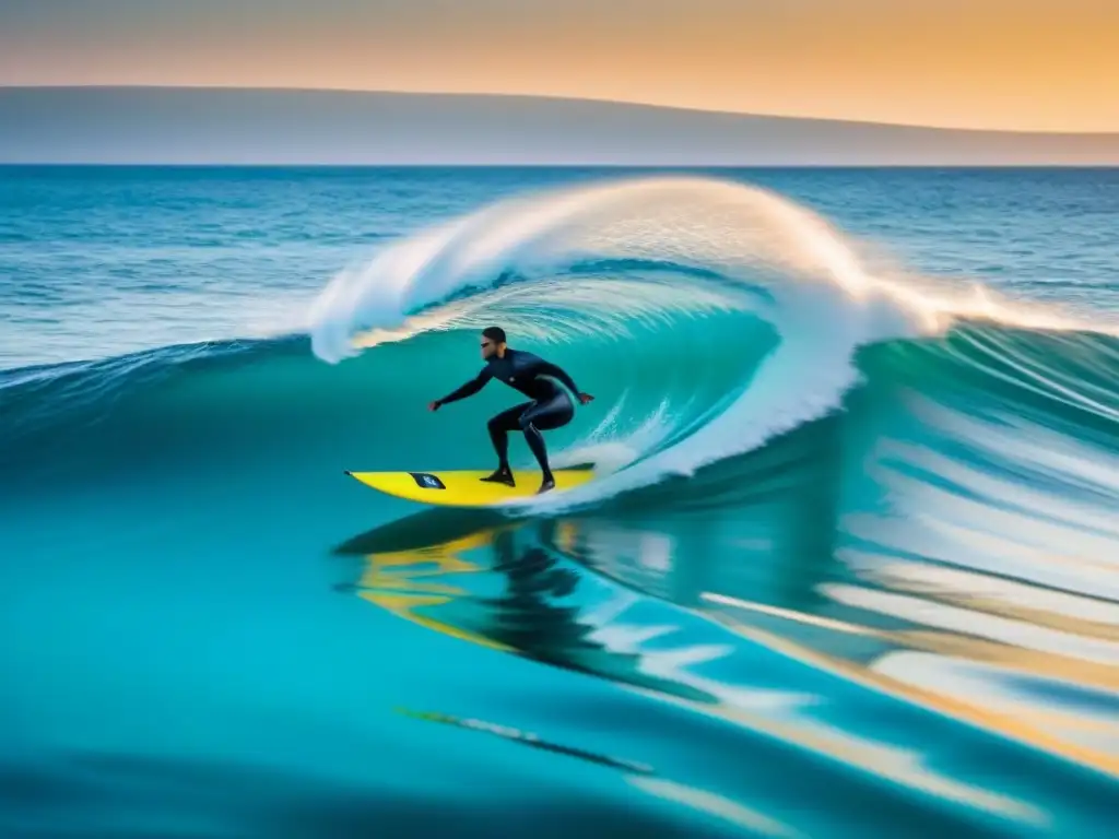 Un hidroala surfista deslizándose sobre aguas turquesas al atardecer