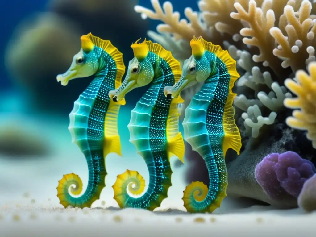 Una hipnótica escena de macrofotografía marina: un grupo de caballitos de mar de colores neón entre plantas marinas, en aguas azules cristalinas