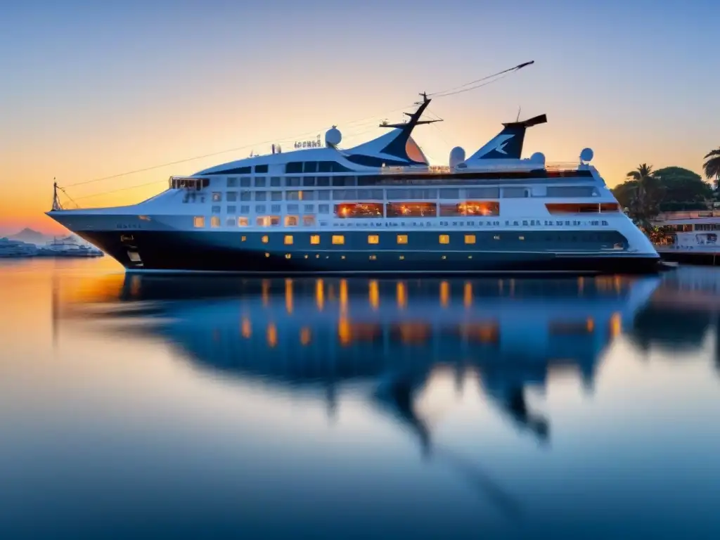 La historia de Windstar Cruises se refleja en el amanecer sereno sobre las aguas, iluminando un velero con velas blancas