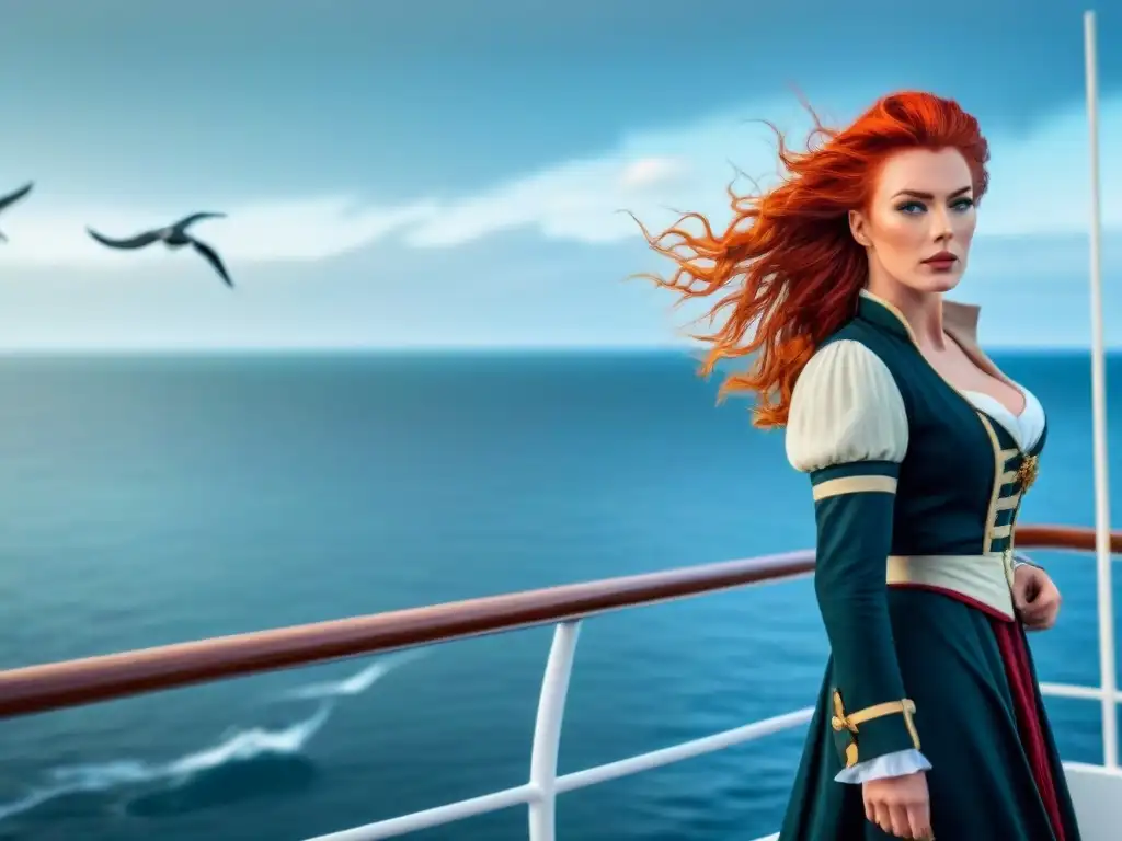 Grace O'Malley, la historia reina pirata, en su barco con el viento en su cabello rojo, lista para la aventura