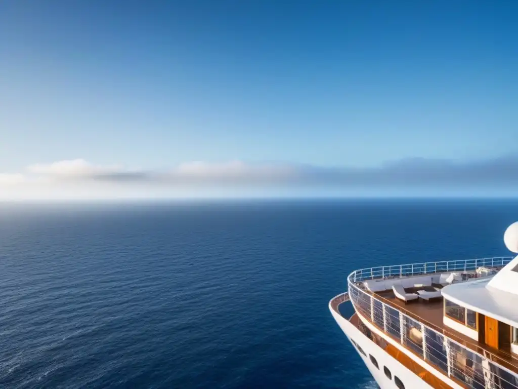 Un horizonte de calma y sostenibilidad en cruceros marítimos, con aguas azules y cielo despejado desde la cubierta de un barco moderno