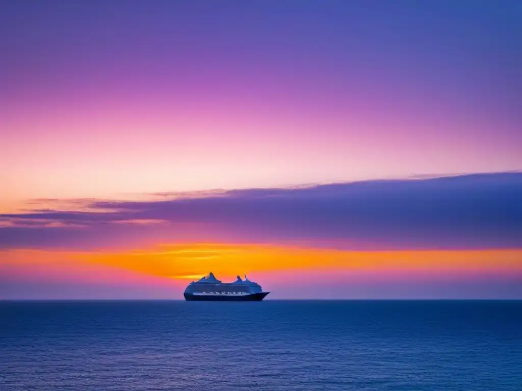 Un horizonte marino al atardecer con un crucero en silueta, rodeado de una luz cálida