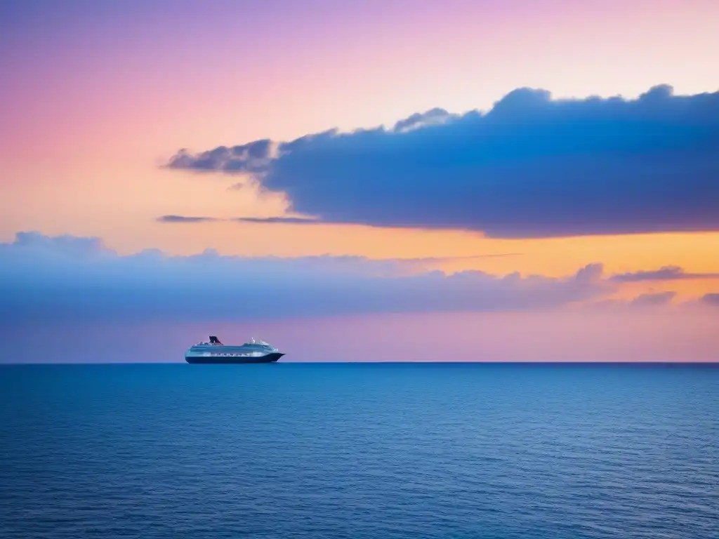 Un horizonte marino sereno al atardecer con un crucero en silueta, reflejando los cálidos tonos del sol