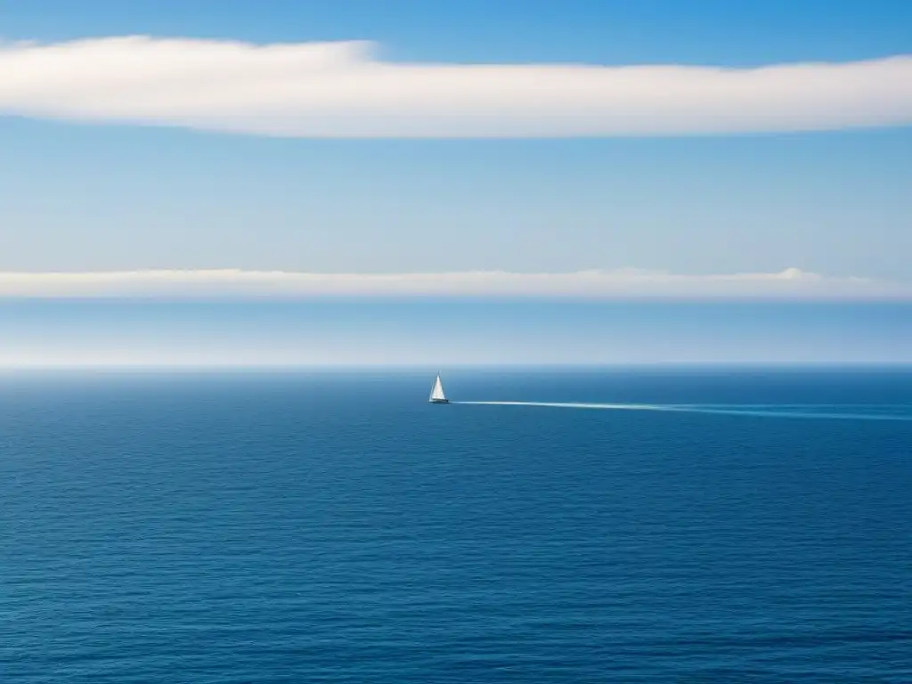 Un horizonte tranquilo del océano con un velero lejano bajo el cielo azul