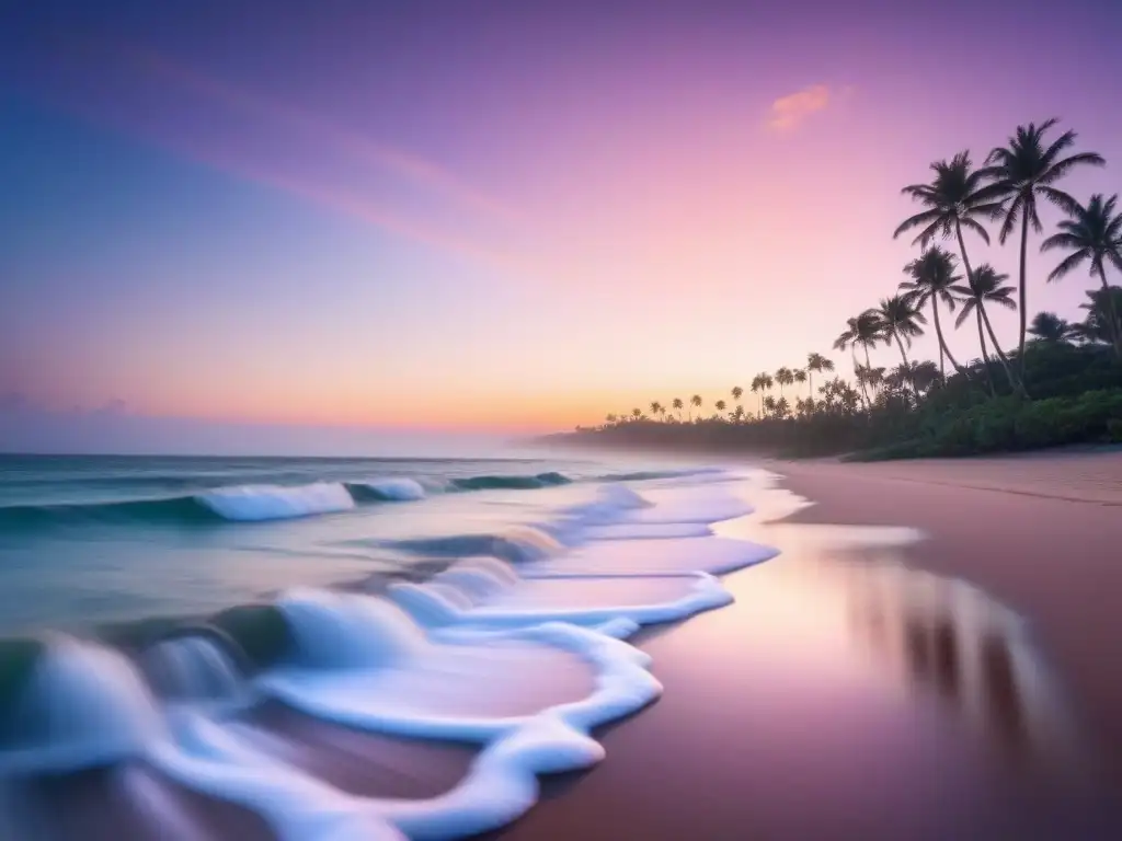 Reducir huella ecológica turismo marítimo: Amanecer sereno en la playa, olas suaves y palmeras al fondo