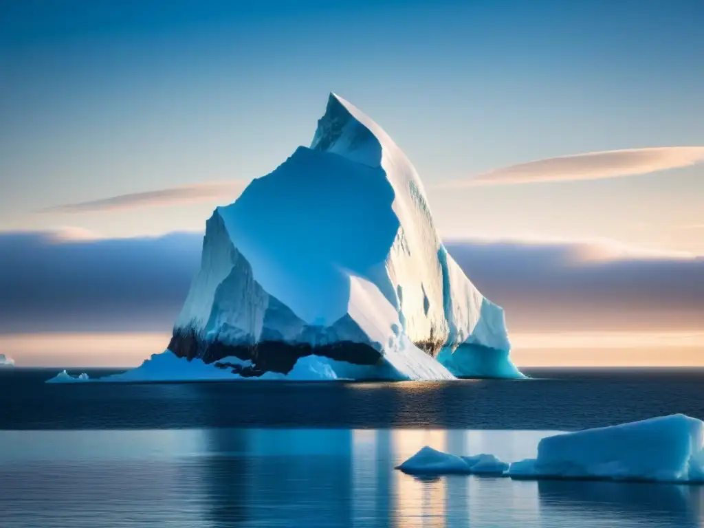 Un iceberg majestuoso reflejando el sol poniente en la Antártida