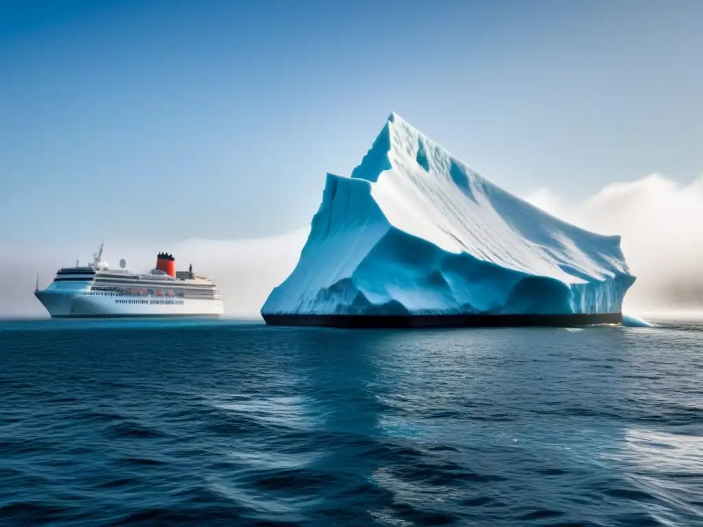 Un iceberg derritiéndose lentamente en el mar, con un crucero en el fondo, simbolizando el impacto del cambio climático en rutas de crucero