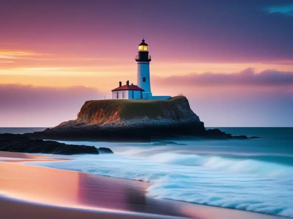 Un icónico faro histórico en un Sitio Patrimonio Marítimo UNESCO al atardecer, con olas suaves en la playa