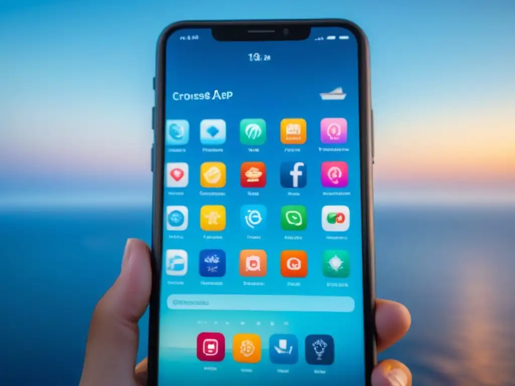 Iconos de aplicaciones salud y seguridad cruceros en smartphone, evocando tranquilidad en alta mar