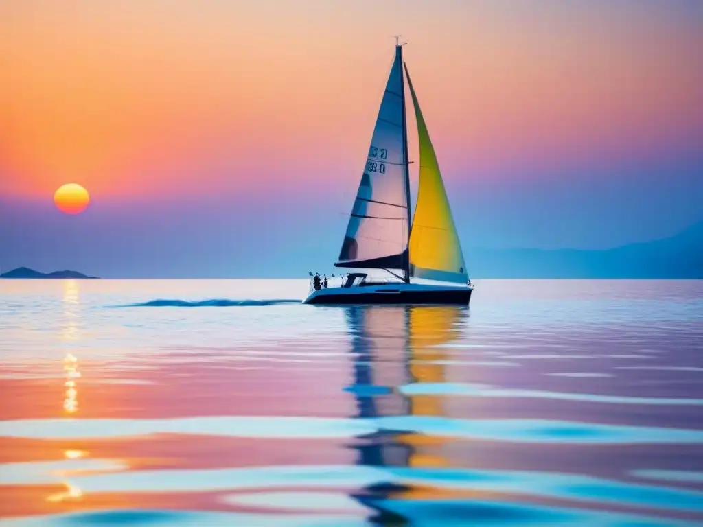 Aprender idioma mientras navegas: Un velero elegante surcando aguas tranquilas al atardecer