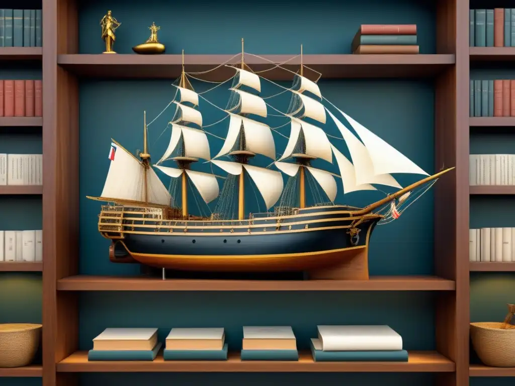 Una ilustración detallada de un antiguo barco naval en un archivo de museo, rodeado de documentos y libros de conservación naval archivos bibliotecas