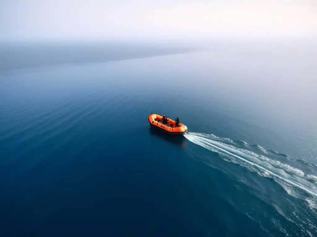 Una ilustración minimalista de un bote salvavidas flotando en aguas tranquilas, bajo un cielo azul y la costa en el horizonte