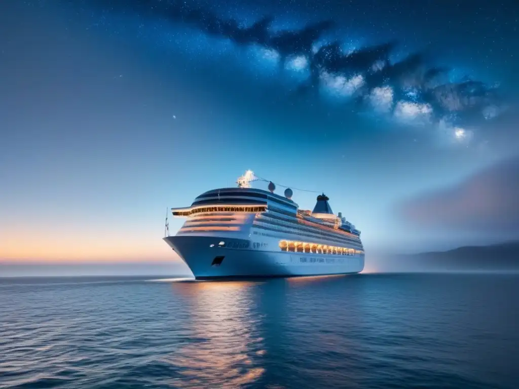 Una ilustración minimalista y fascinante de un crucero navegando de forma elegante sobre aguas tranquilas bajo un cielo estrellado