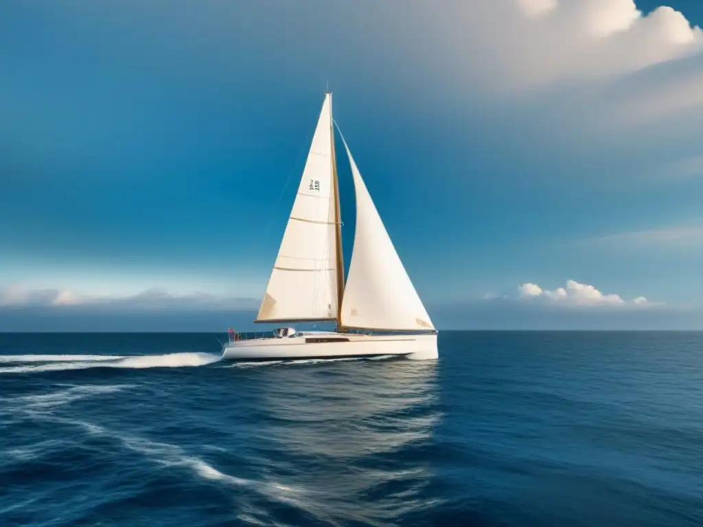 Una ilustración minimalista de un velero elegante navegando en un vasto y sereno océano bajo un cielo despejado