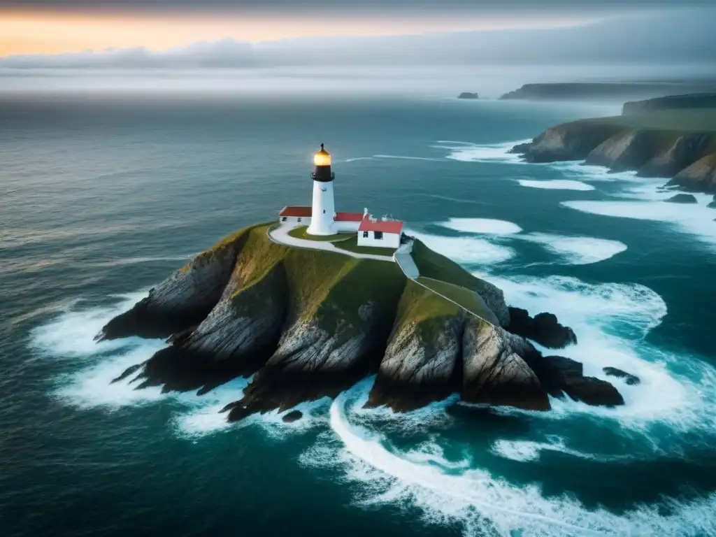 Imagen en blanco y negro de un solitario faro en un paisaje costero al anochecer, simbolizando guía y seguridad en la historia de los faros marítimos