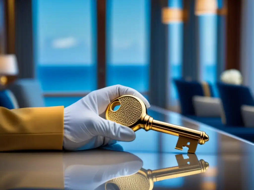 Imagen elegante de una llave dorada sobre un guante blanco, simbolizando lujo y servicio personalizado en un crucero