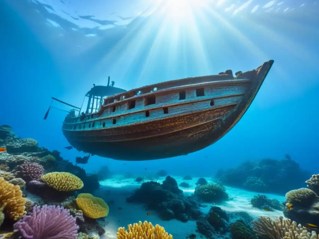 Imagen evocadora de un barco hundido rodeado de arrecifes de coral y vida marina, creando exposiciones barcos hundidos intrigantes en el fondo marino