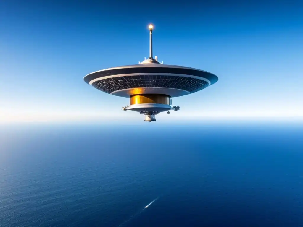 Una imagen futurista de un satélite brillante sobre el mar, conectando con cruceros