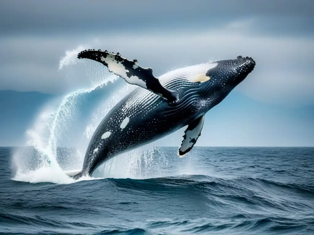 Imagen impactante de una ballena jorobada majestuosa emergiendo del océano, capturando la vida marítima y el cambio climático