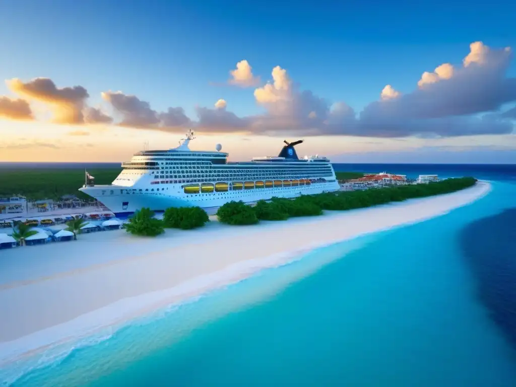 La imagen ilustra el impacto económico de destinos de cruceros como Cozumel, entre bullicioso puerto y serena playa al atardecer