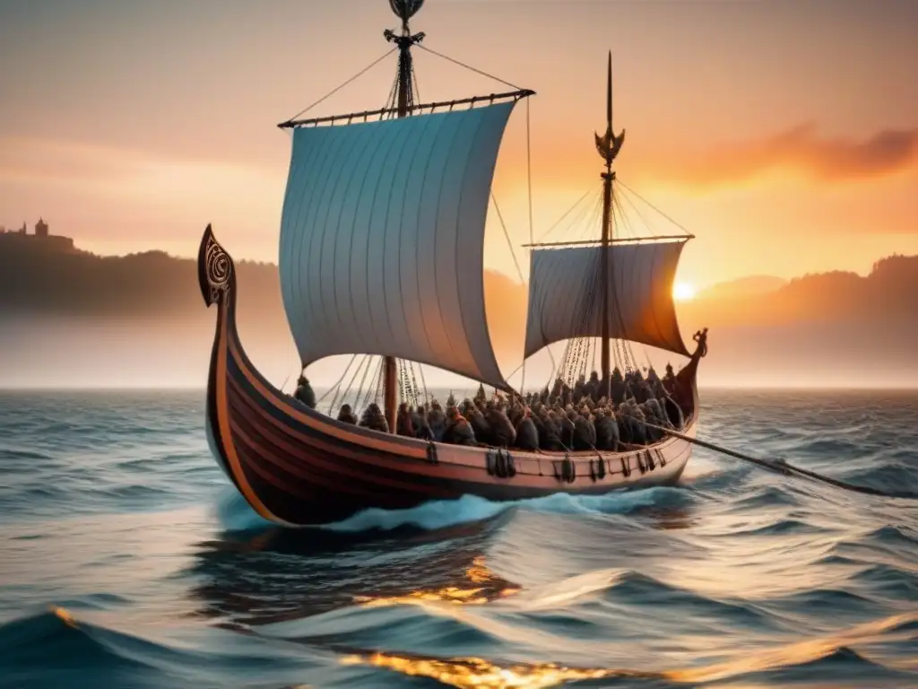 Una imagen impresionante de un barco vikingo navegando en un océano tranquilo al atardecer