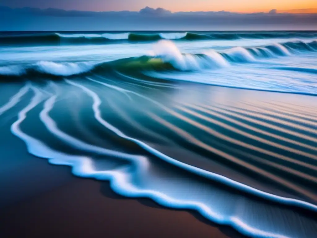 Una imagen de larga exposición en blanco y negro de suaves olas marinas en una playa, reflejando la luz del atardecer