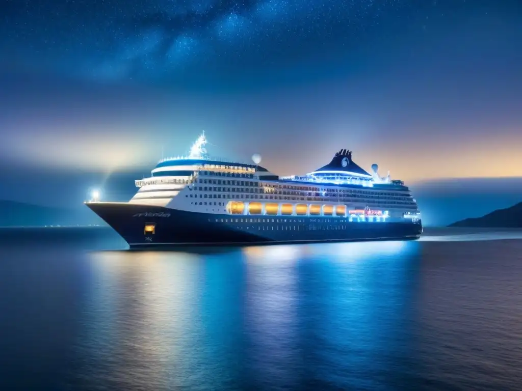 Una imagen de un lujoso crucero navegando en aguas tranquilas bajo un cielo estrellado, ideal para pagar con criptomonedas en crucero