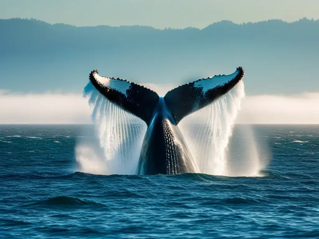 Imagen de un majestuoso santuario de vida marina con una ballena jorobada saltando en un océano cristalino