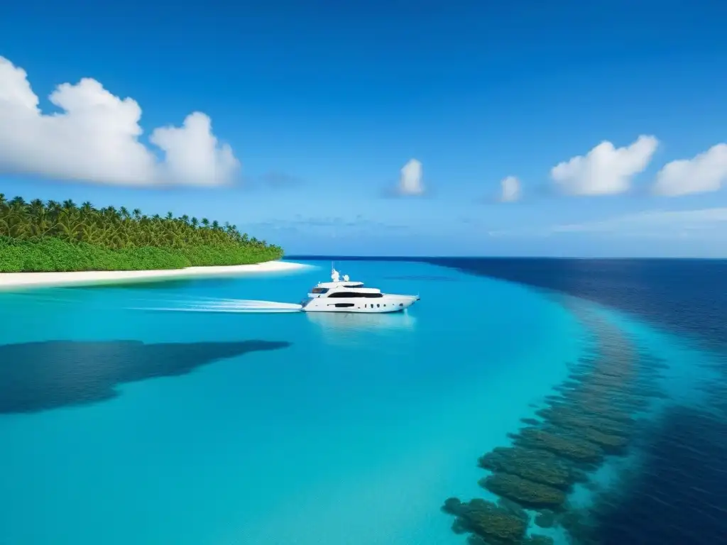 Una imagen minimalista y detallada de un lujoso yate en aguas cristalinas de una isla tropical remota